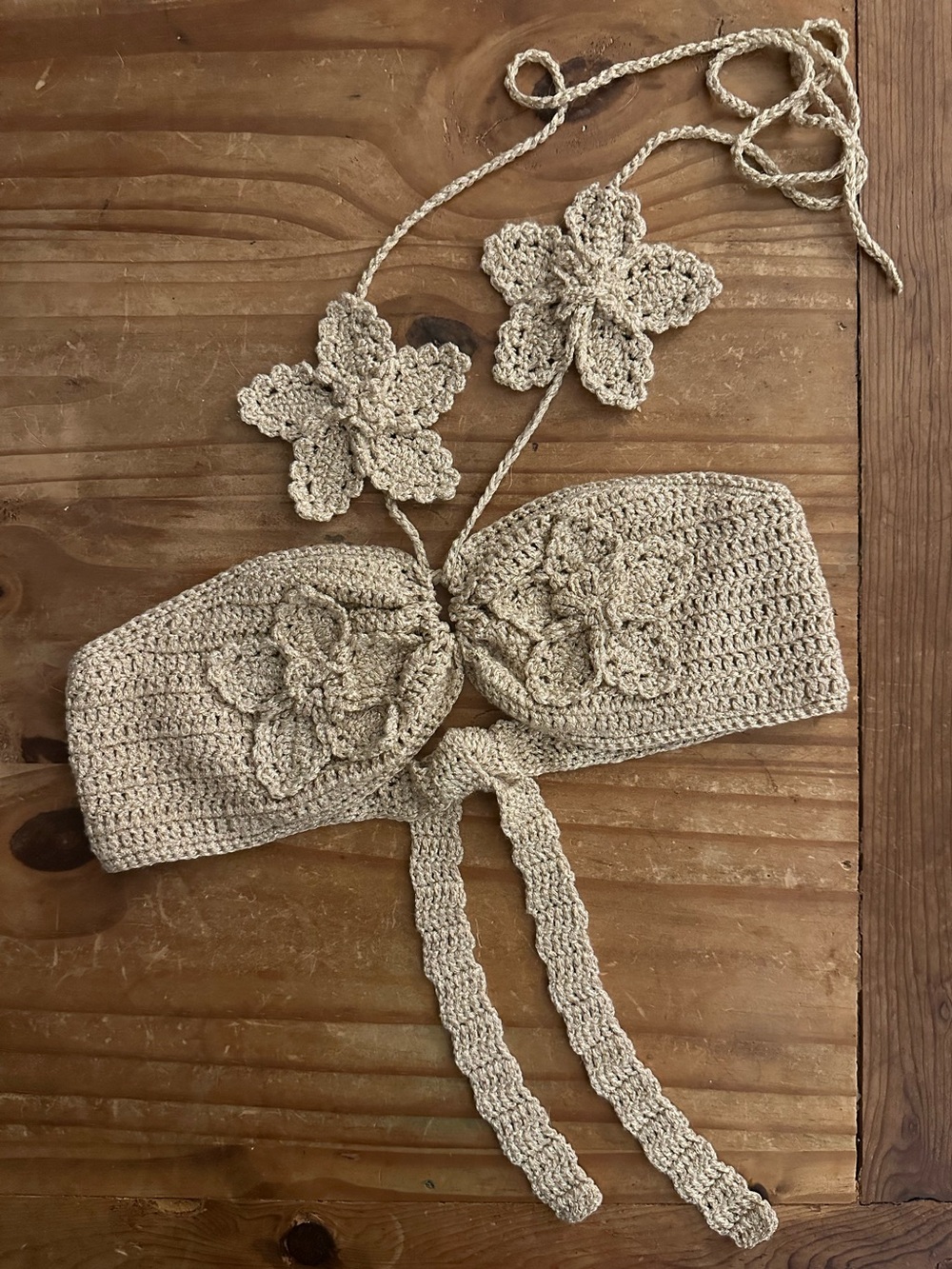 Meshki River Floral Crochet Gold Bikini Top